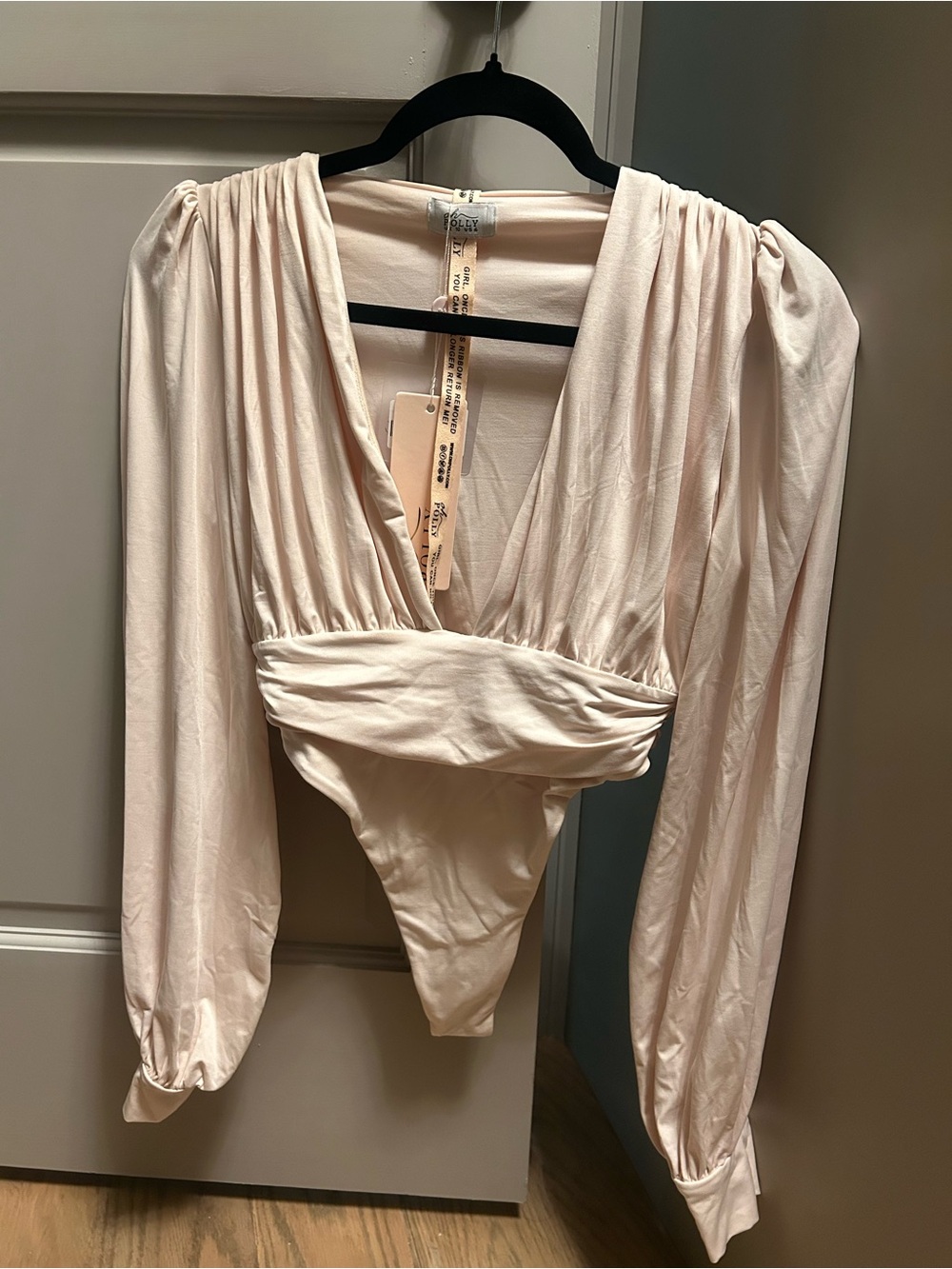 Oh Polly Long Sleeve Plunge Bodysuit in Light Blush